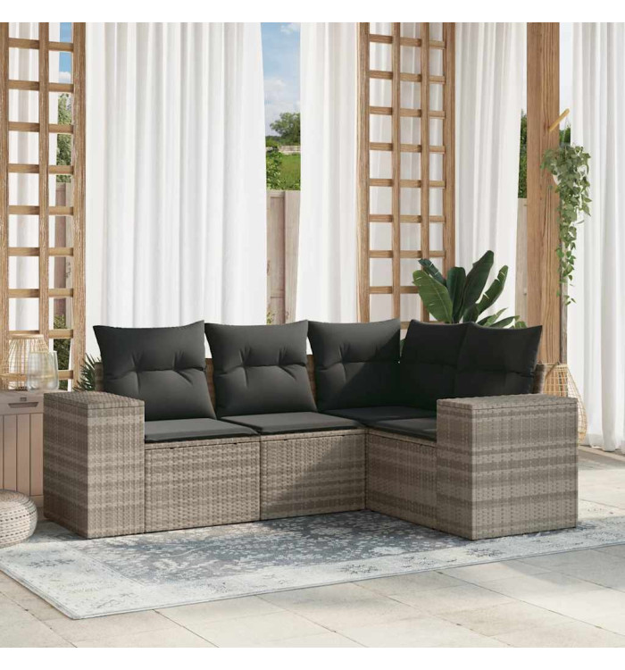 Salon de jardin 4 pcs avec coussins gris clair résine tressée | Mobilier & Déco