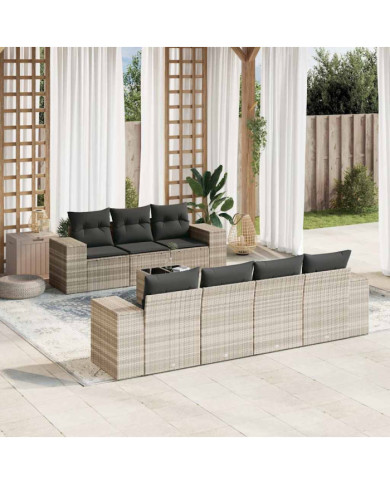 Salon de jardin 8 pcs avec coussins gris clair résine tressée | Mobilier & Déco