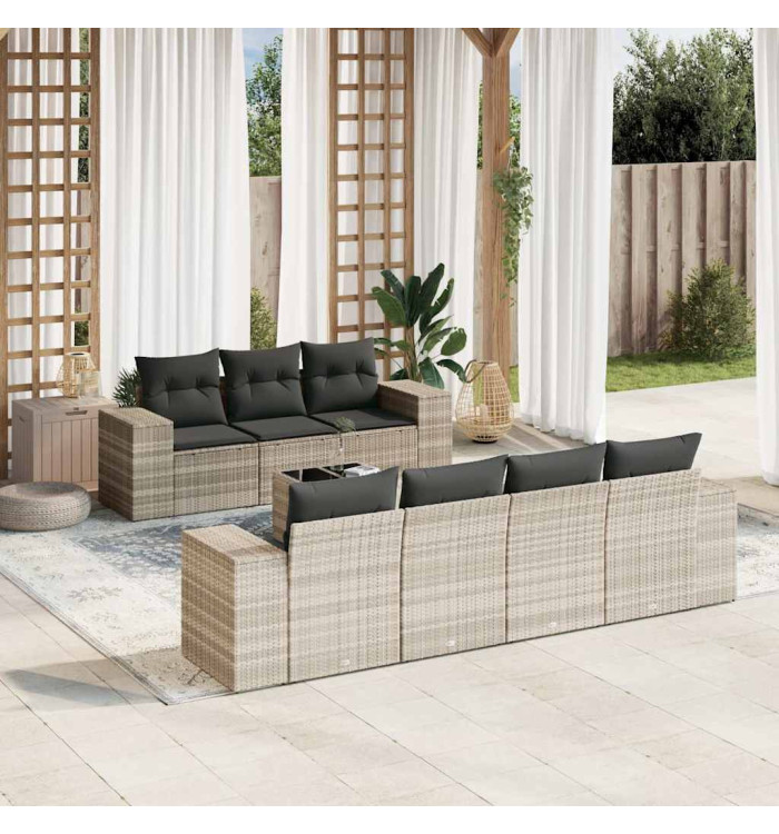 Salon de jardin 8 pcs avec coussins gris clair résine tressée | Mobilier & Déco