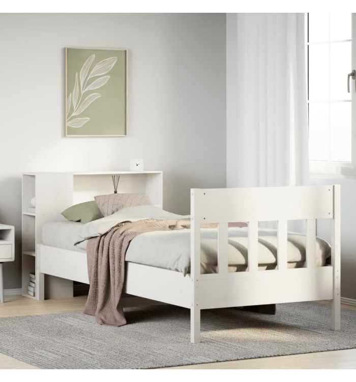 Lit bibliothèque sans matelas blanc 90x200cm bois de pin massif | Mobilier & Déco