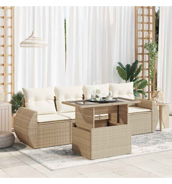 Salon de jardin avec coussins 5 pcs beige résine tressée | Mobilier & Déco