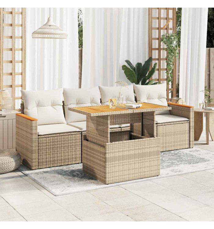 Salon de jardin avec coussins 5 pcs beige résine tressée acacia | Mobilier & Déco