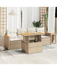Salon de jardin avec coussins 5 pcs beige résine tressée acacia | Mobilier & Déco
