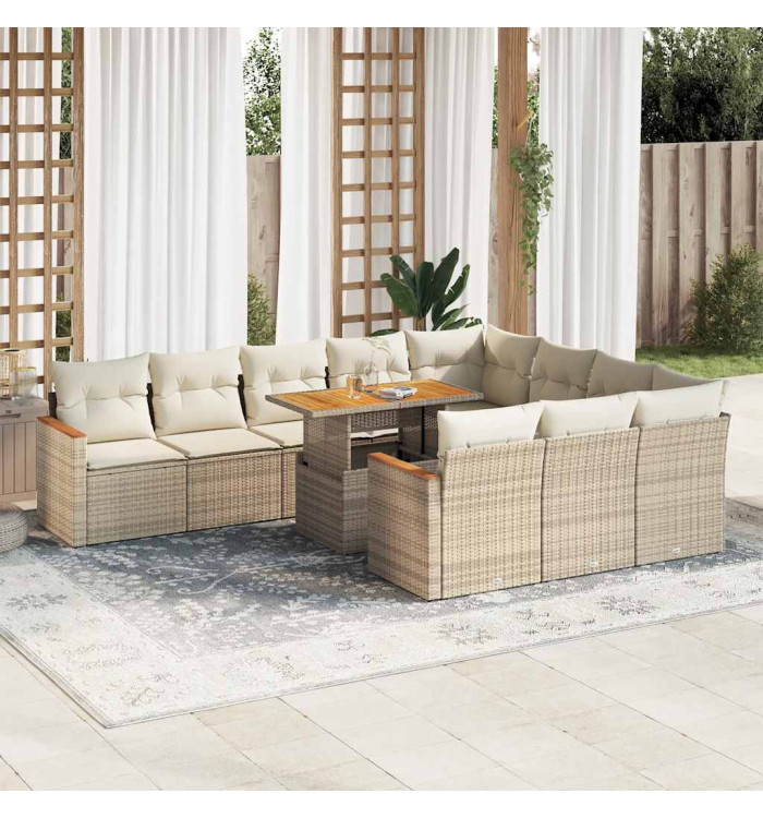 Salon de jardin 11pcs avec coussins beige résine tressée acacia | Mobilier & Déco