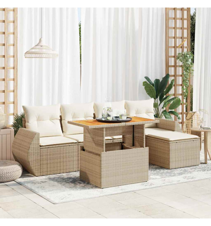 Salon de jardin avec coussins 6 pcs beige résine tressée | Mobilier & Déco