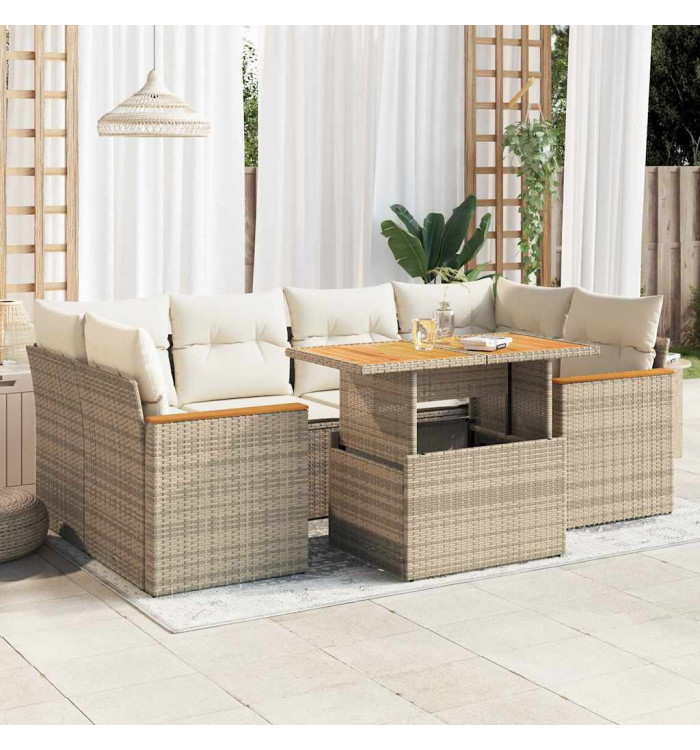 Salon de jardin 6 pcs avec coussins beige résine tressée acacia | Mobilier & Déco
