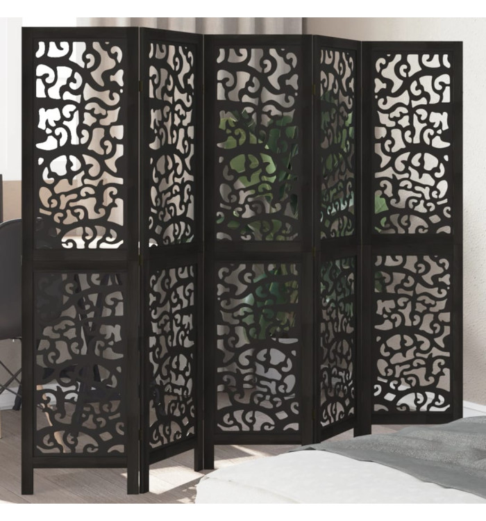 Cloison de séparation 5 panneaux noir bois de paulownia massif | Mobilier & Déco