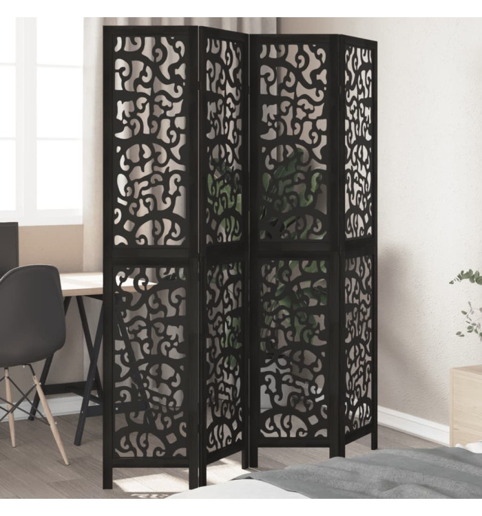 Cloison de séparation 4 panneaux noir bois de paulownia massif | Mobilier & Déco