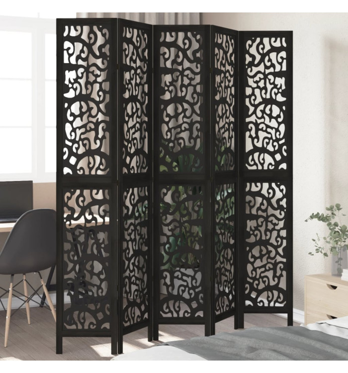 Cloison de séparation 5 panneaux noir bois de paulownia massif | Mobilier & Déco