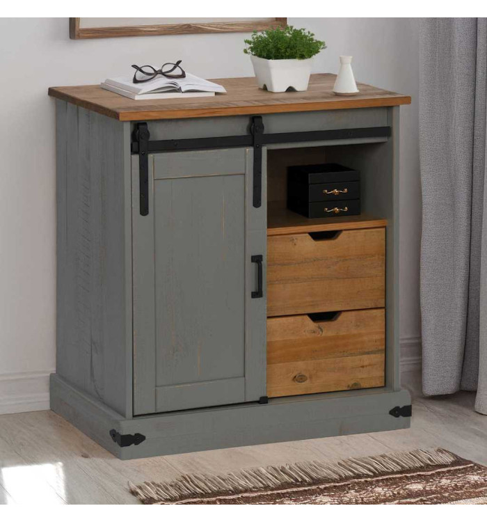 Buffet HALDEN porte coulissante gris 80x40x80 cm bois massif | Mobilier & Déco