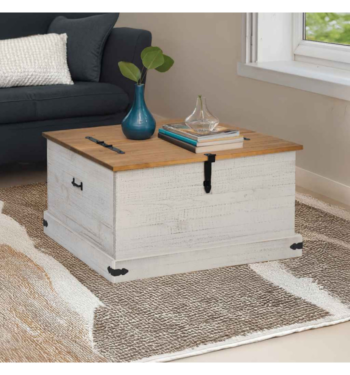 Coffre de rangement HALDEN blanc 91x91x47 cm bois massif pin | Mobilier & Déco