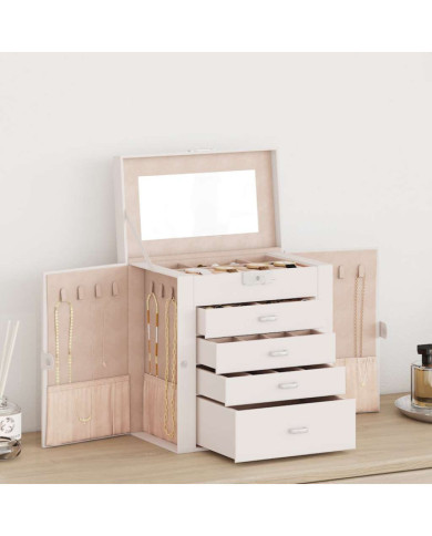 Boîte à bijoux 5 niveaux avec miroir verrouillable blanc | Mobilier & Déco