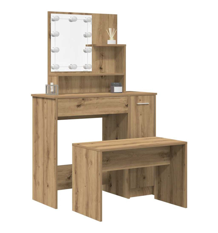 Ensemble de coiffeuse avec LED vieux bois bois d'ingénierie | Mobilier & Déco
