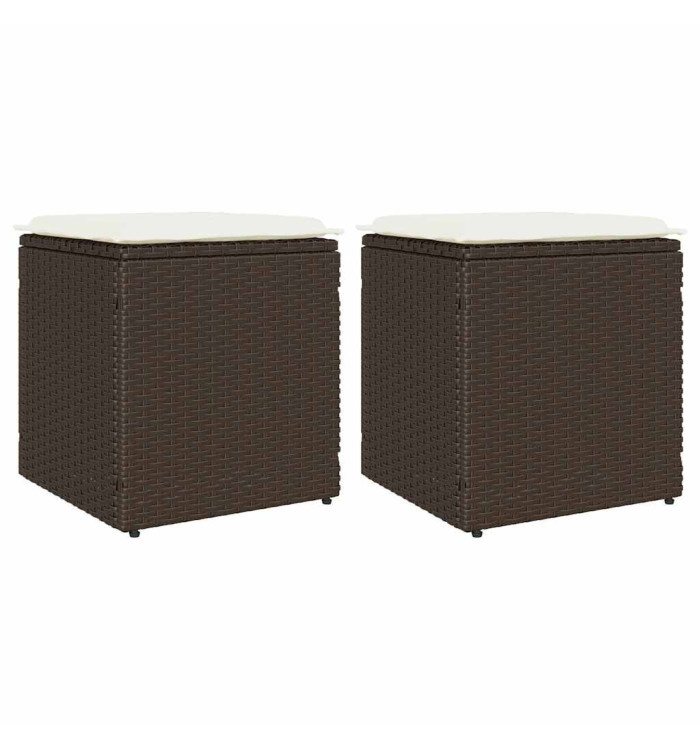 Tabourets jardin avec coussins lot de 2 marron résine tressée | Mobilier & Déco