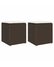 Tabourets jardin avec coussins lot de 2 marron résine tressée | Mobilier & Déco