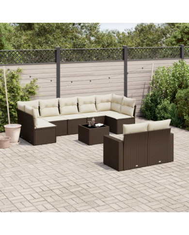 Salon de jardin 10 pcs avec coussins marron résine tressée | Mobilier & Déco
