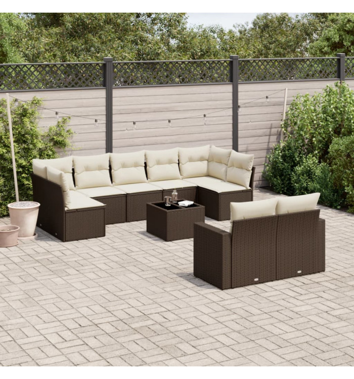 Salon de jardin 10 pcs avec coussins marron résine tressée | Mobilier & Déco