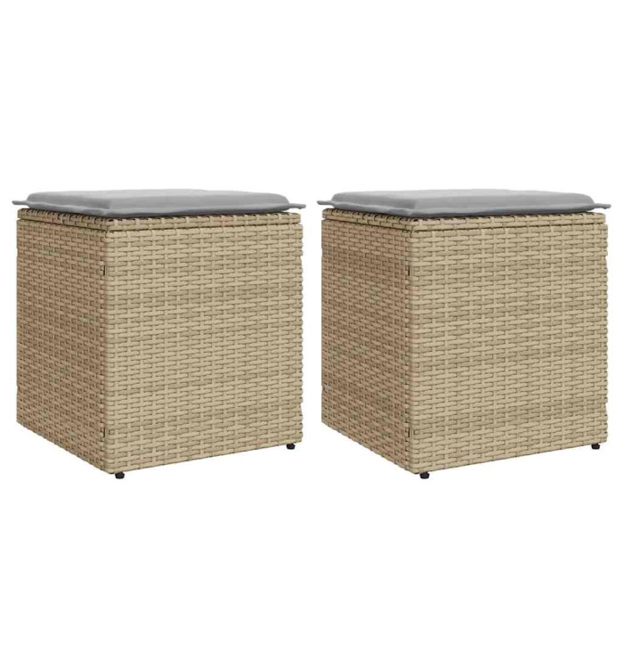 Tabourets de jardin avec coussins lot de 2 beige résine tressée | Mobilier & Déco