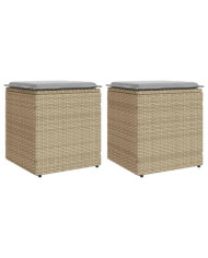 Tabourets de jardin avec coussins lot de 2 beige résine tressée | Mobilier & Déco