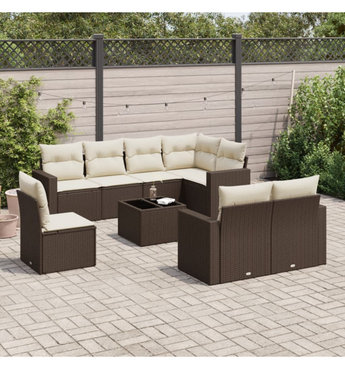 Salon de jardin avec coussins 9 pcs marron résine tressée | Mobilier & Déco