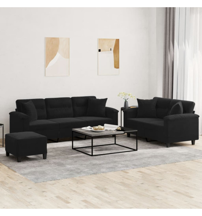 Ensemble de canapés 3 pcs avec coussins Noir Tissu microfibre | Mobilier & Déco