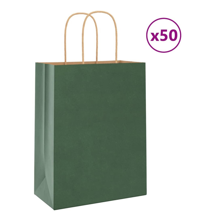 Sacs en papier 50 pcs avec poignées vert 21x11x28 cm | Mobilier & Déco