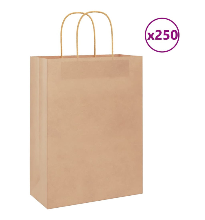 Sacs en papier 250 pcs avec poignées marron 26x12x35 cm | Mobilier & Déco