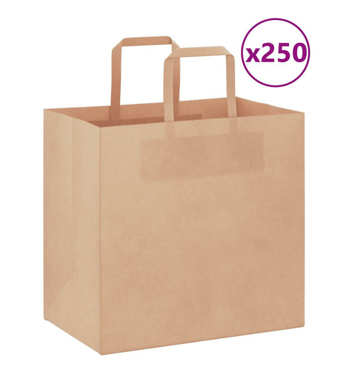 Sacs en papier 250 pcs avec poignées marron 26x17x25 cm | Mobilier & Déco