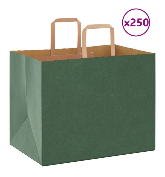 Sacs en papier 250 pcs avec poignées vert 32x22x24 cm | Mobilier & Déco