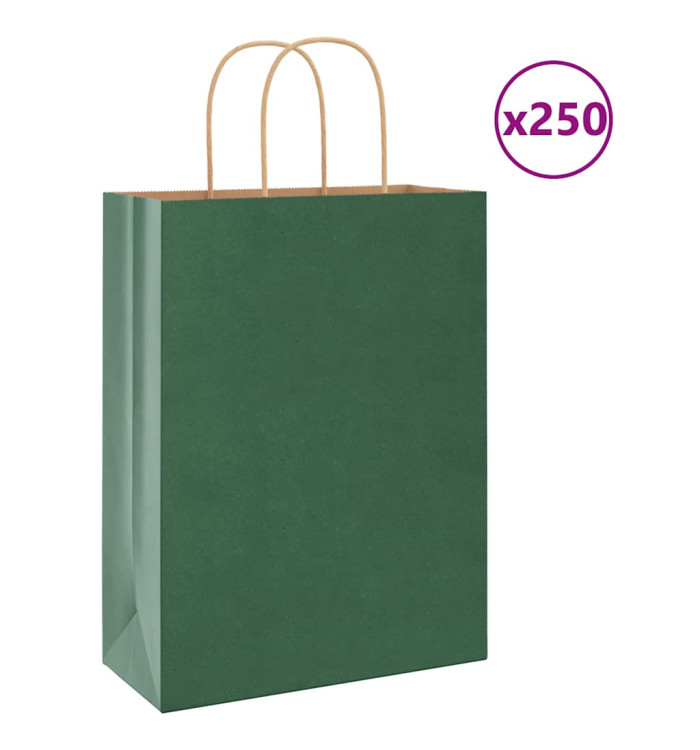 Sacs en papier 250 pcs avec poignées vert 26x12x35 cm | Mobilier & Déco