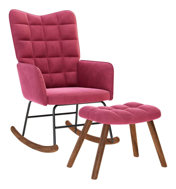 Chaise à bascule avec repose-pied rouge bordeaux velours | Mobilier & Déco