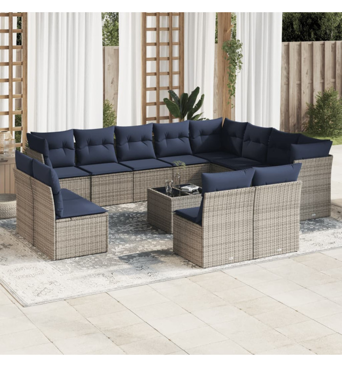 Salon de jardin avec coussins 13 pcs gris résine tressée | Mobilier & Déco