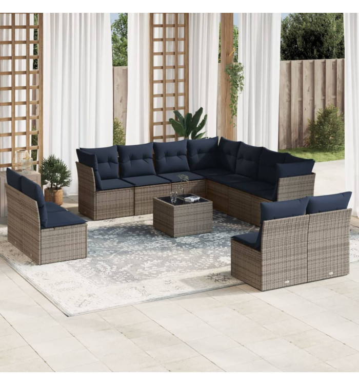 Salon de jardin avec coussins 12 pcs gris résine tressée | Mobilier & Déco