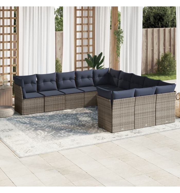 Salon de jardin 11 pcs avec coussins gris résine tressée | Mobilier & Déco