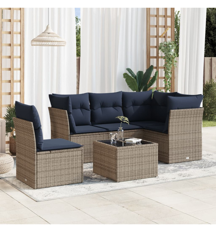 Salon de jardin 6 pcs avec coussins gris résine tressée | Mobilier & Déco