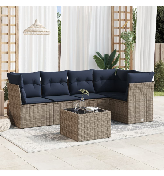 Salon de jardin 6 pcs avec coussins gris résine tressée | Mobilier & Déco