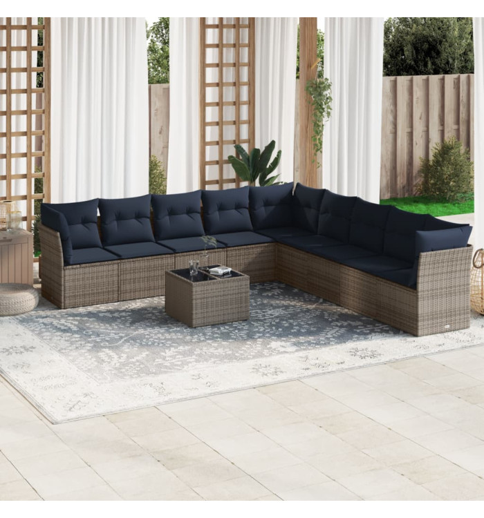 Salon de jardin 10 pcs avec coussins gris résine tressée | Mobilier & Déco