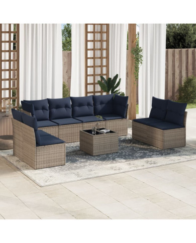 Salon de jardin 9 pcs avec coussins gris résine tressée | Mobilier & Déco
