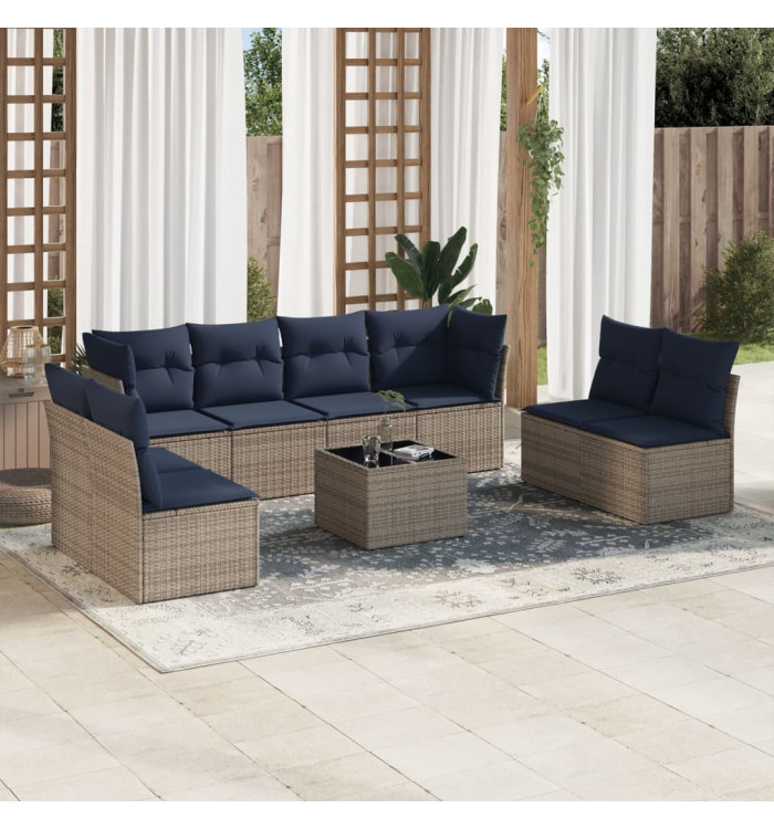 Salon de jardin 9 pcs avec coussins gris résine tressée | Mobilier & Déco