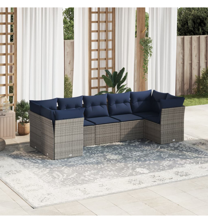 Salon de jardin 7 pcs avec coussins gris résine tressée | Mobilier & Déco