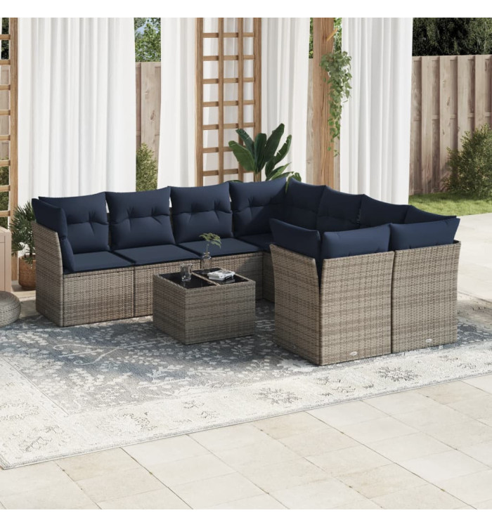 Salon de jardin 9 pcs avec coussins gris résine tressée | Mobilier & Déco
