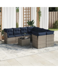 Salon de jardin 9 pcs avec coussins gris résine tressée | Mobilier & Déco