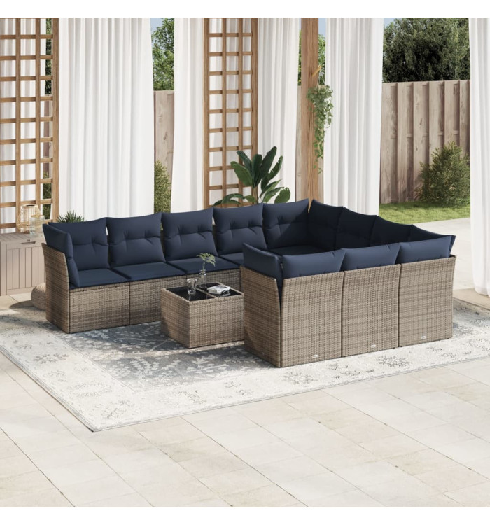 Salon de jardin 11 pcs avec coussins gris résine tressée | Mobilier & Déco