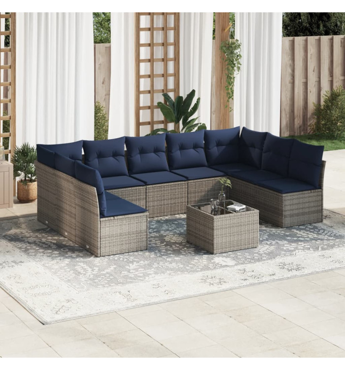 Salon de jardin 10 pcs avec coussins gris résine tressée | Mobilier & Déco