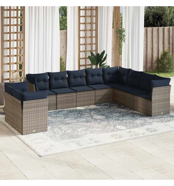 Salon de jardin 10 pcs avec coussins gris résine tressée | Mobilier & Déco