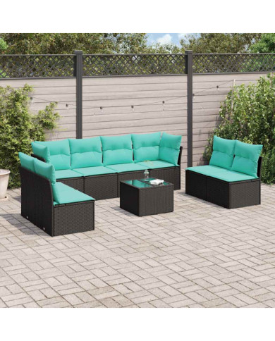 Salon de jardin 9 pcs avec coussins noir résine tressée | Mobilier & Déco