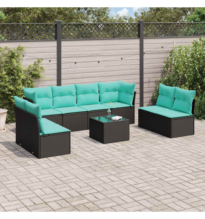 Salon de jardin 9 pcs avec coussins noir résine tressée | Mobilier & Déco