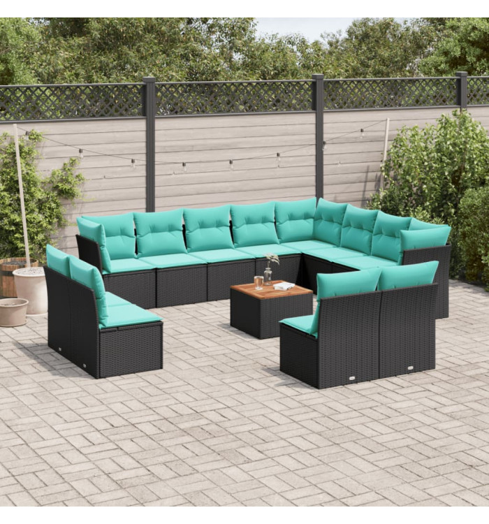 Salon de jardin avec coussins 13 pcs noir résine tressée | Mobilier & Déco