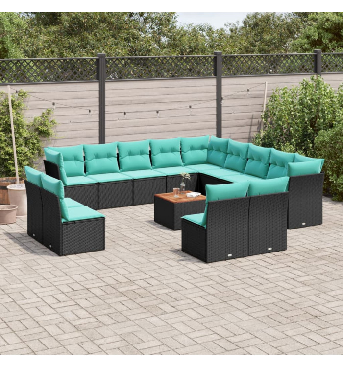 Salon de jardin avec coussins 14 pcs noir résine tressée | Mobilier & Déco