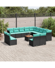 Salon de jardin avec coussins 14 pcs noir résine tressée | Mobilier & Déco